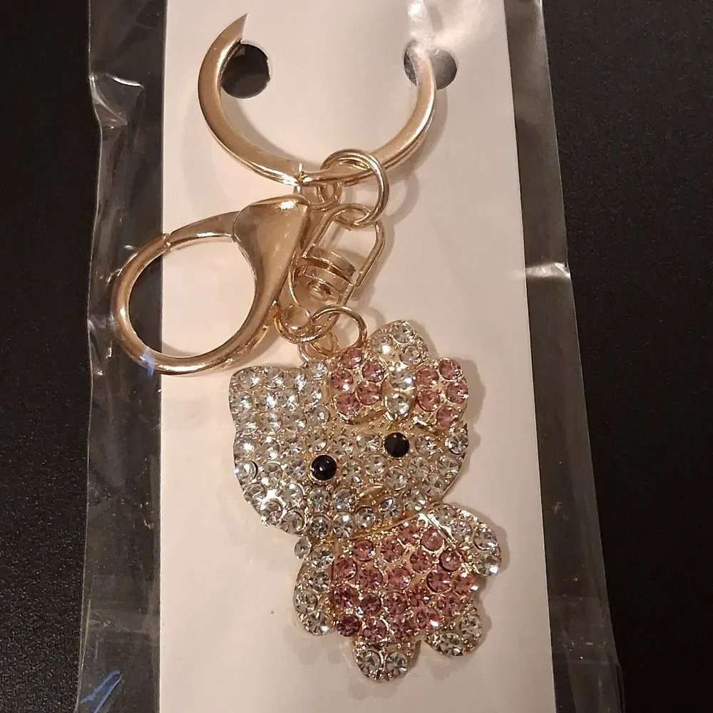 Hello Kitty Pink And White Rhinestone Keychain With Gold Hardware New In Package